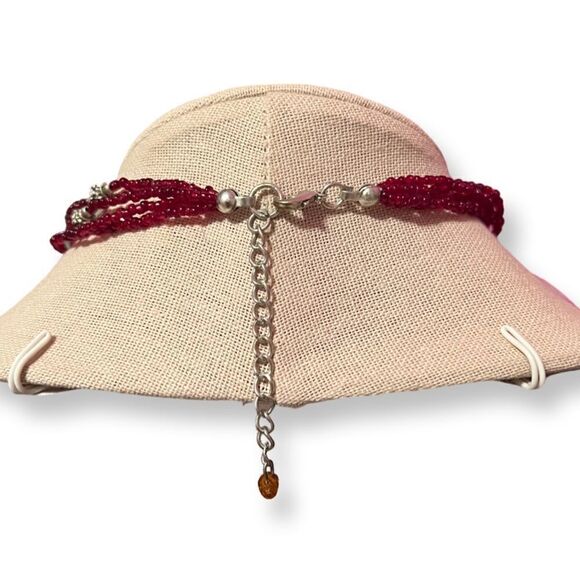 NEW Multi Strand Red Beaded Necklace With Big Silver And Pink Mosaic Pendant - Picture 4 of 4